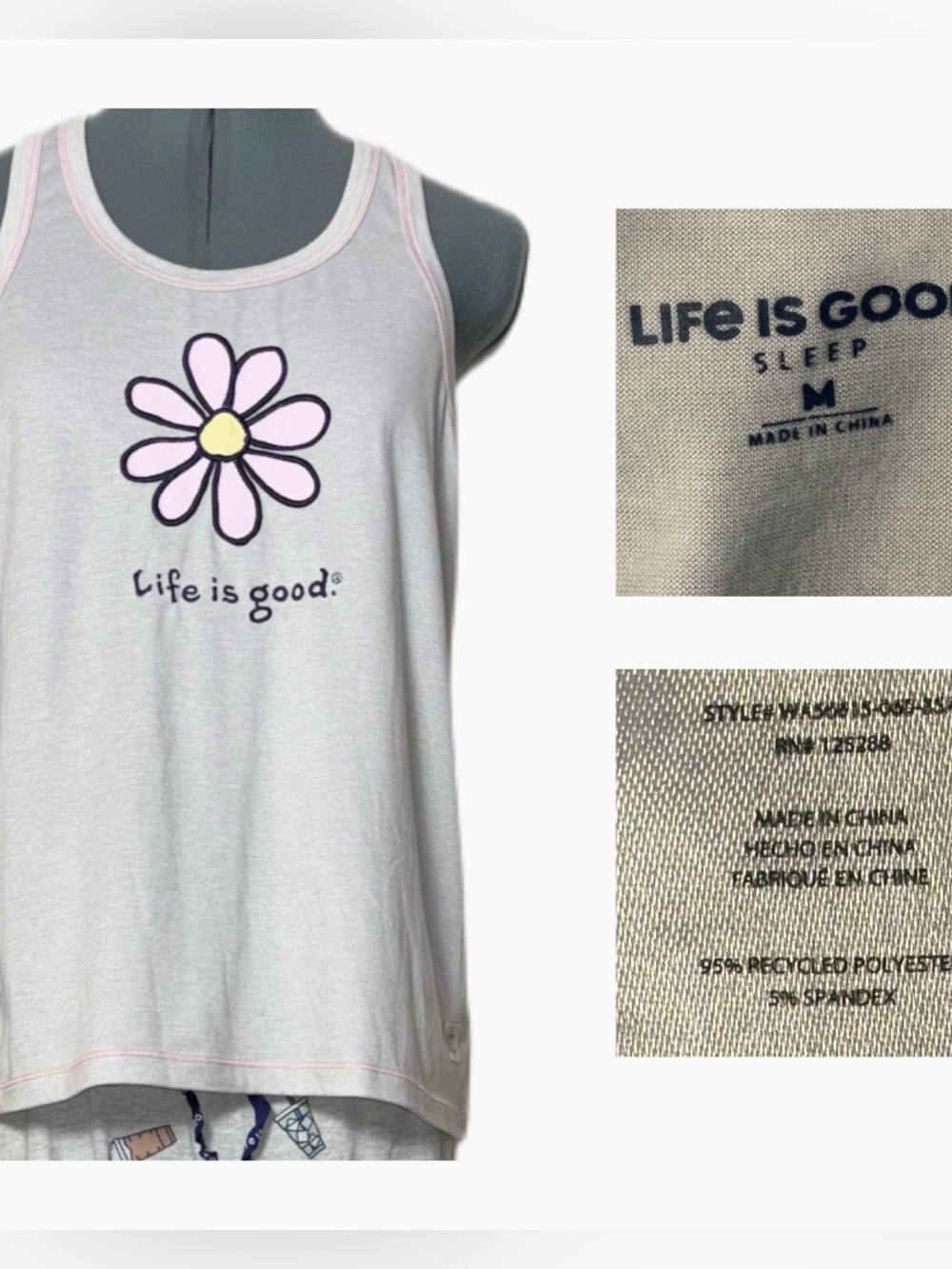 Life Is Good Pajama Set White Daisy Tank, Light Gray Lounge Pants women's medium - Picture 15 of 16